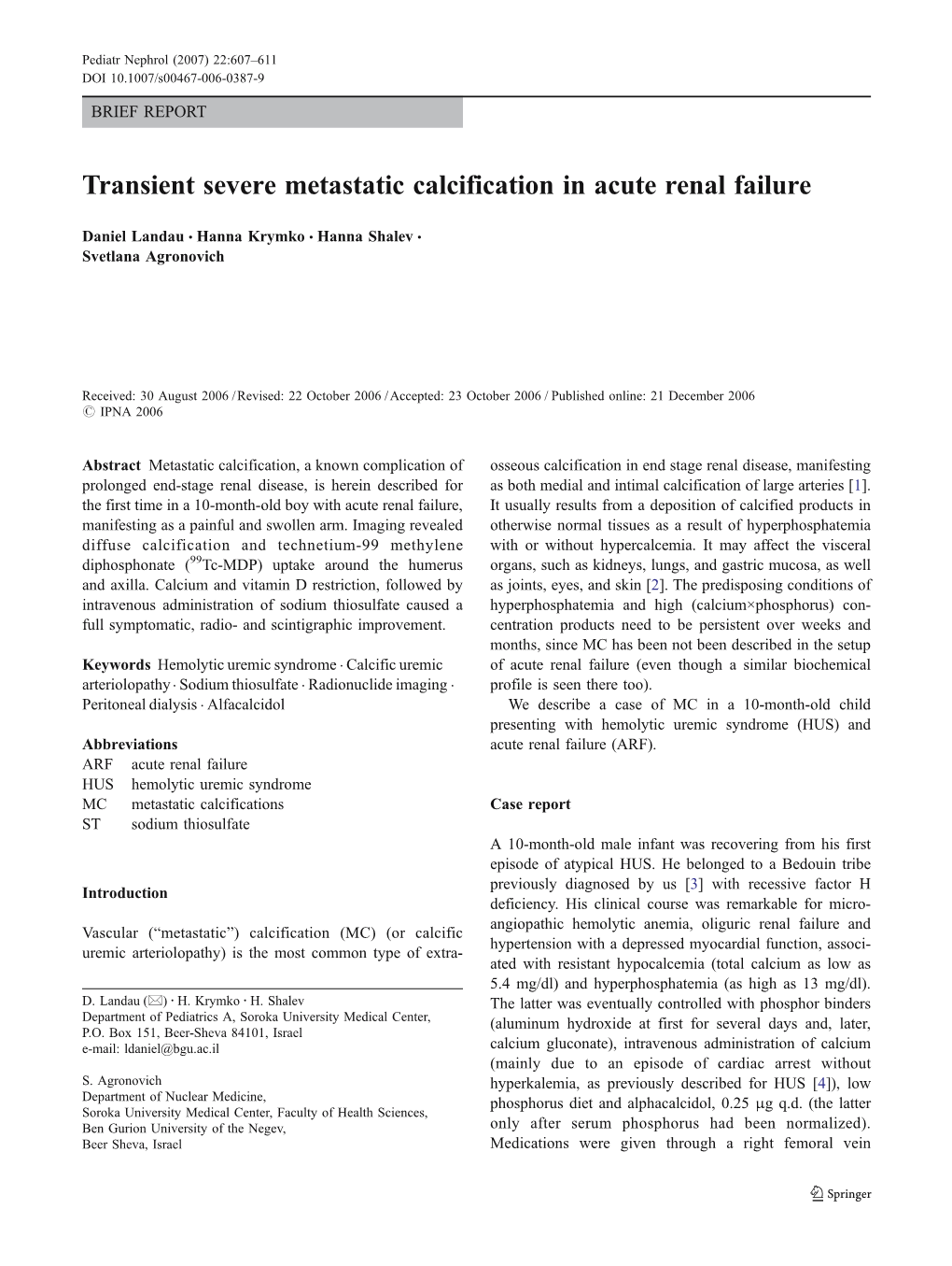 Transient Severe Metastatic Calcification in Acute Renal Failure