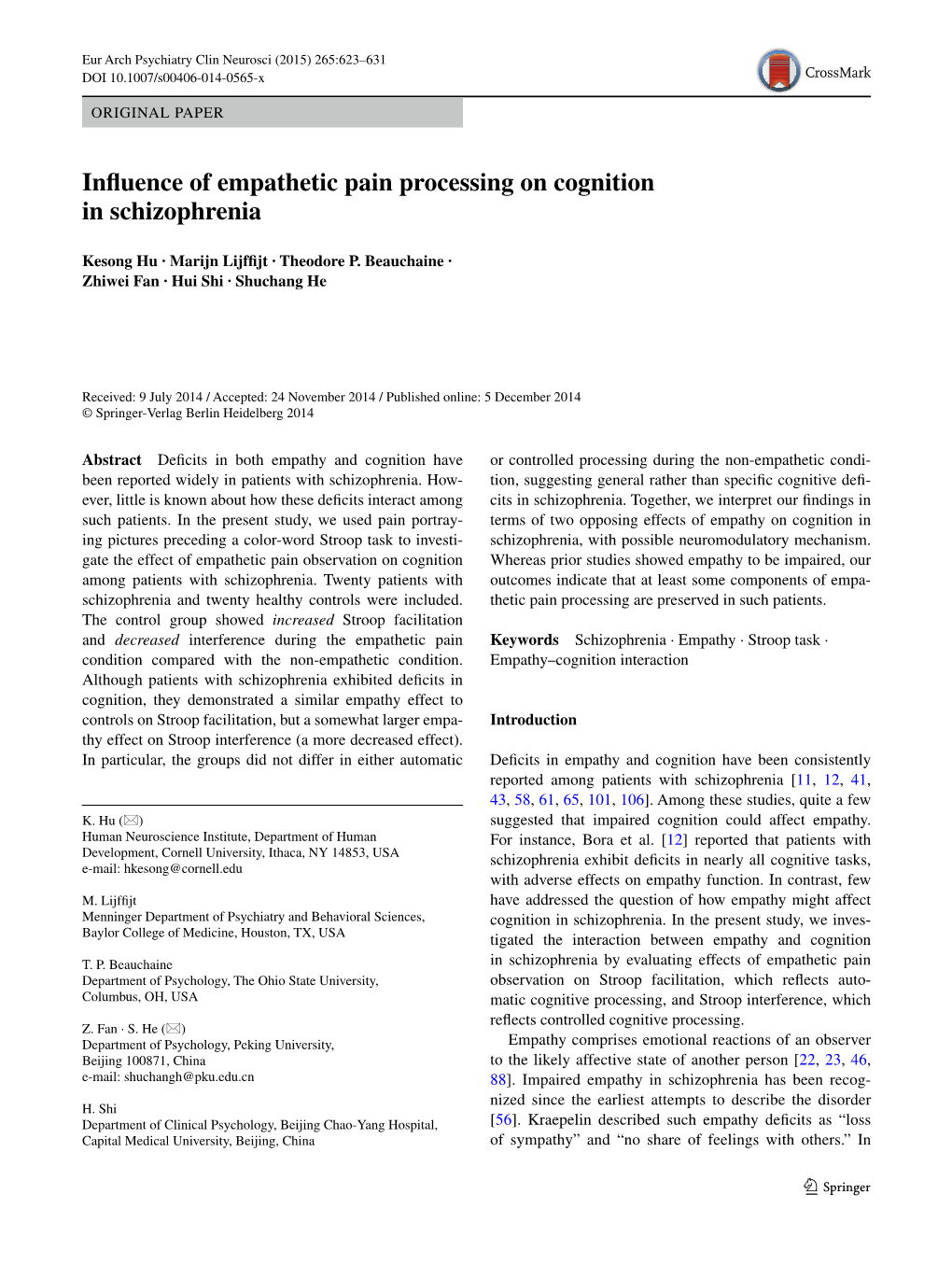Influence of Empathetic Pain Processing on Cognition in Schizophrenia