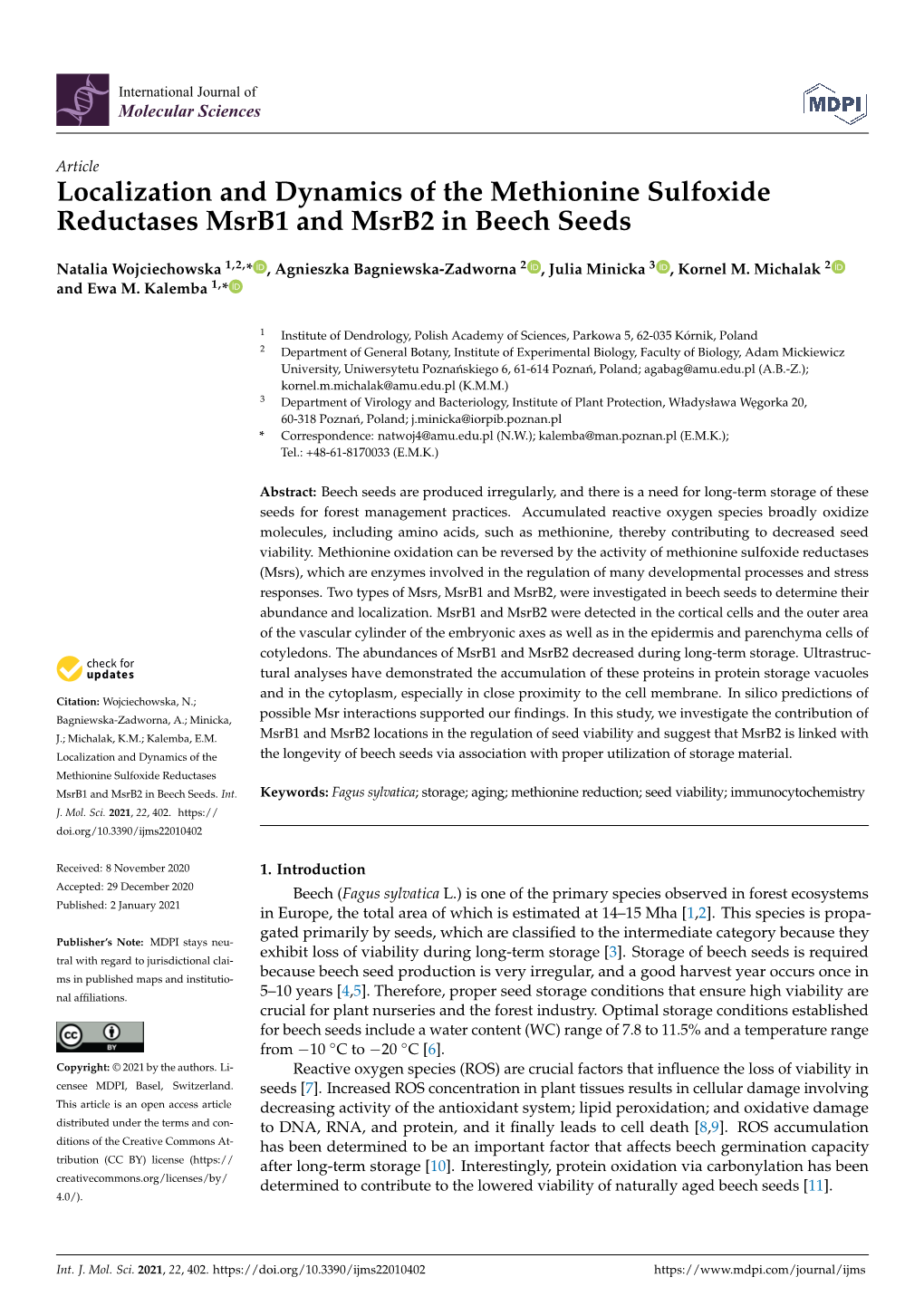 Localization and Dynamics of the Methionine Sulfoxide Reductases Msrb1 and Msrb2 in Beech Seeds