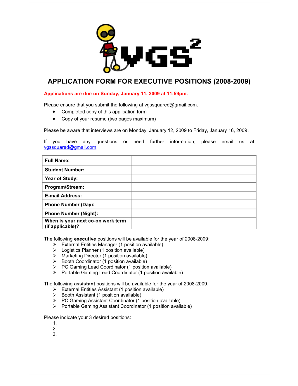 Application Form for Executive Positions (2007-2008)