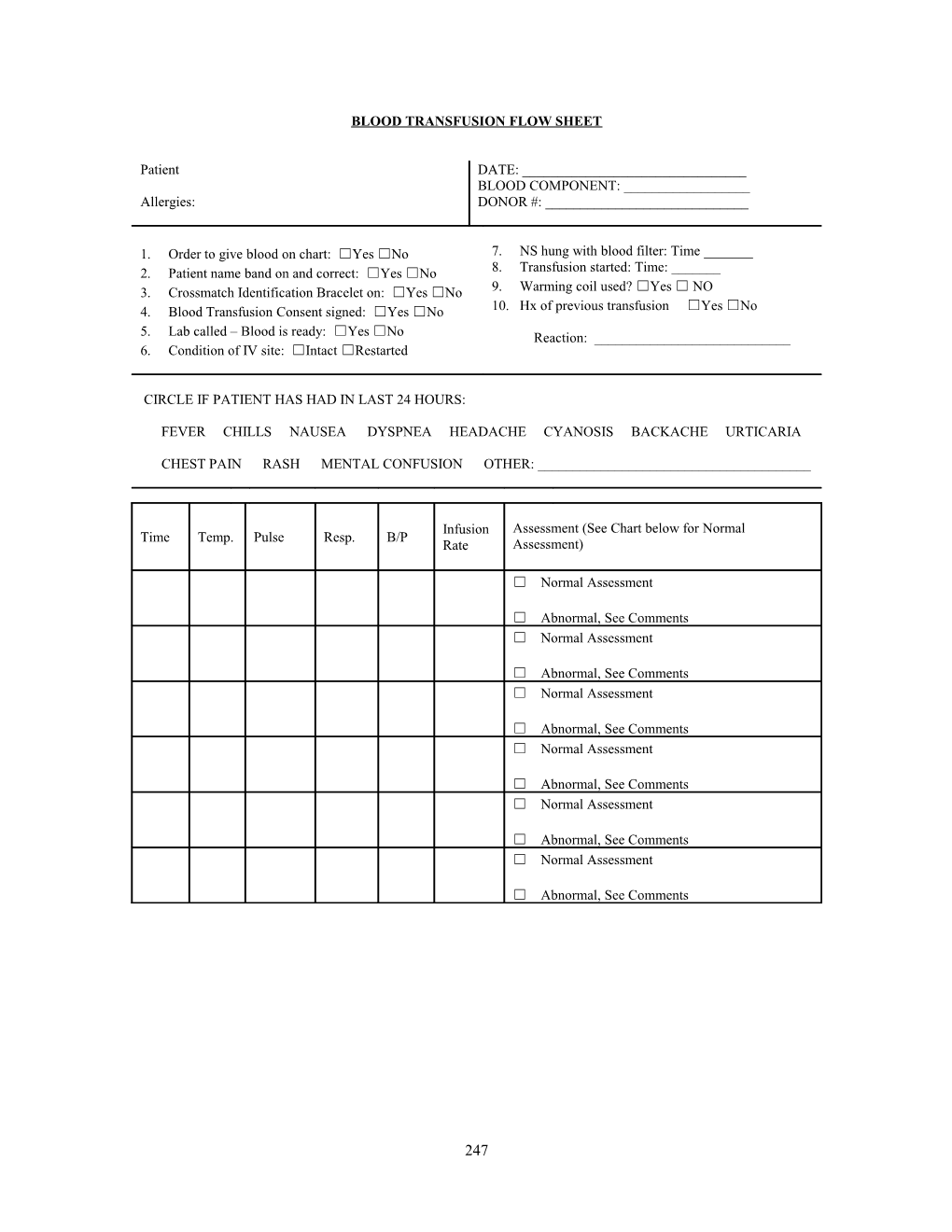 Blood Transfusion Flow Sheet