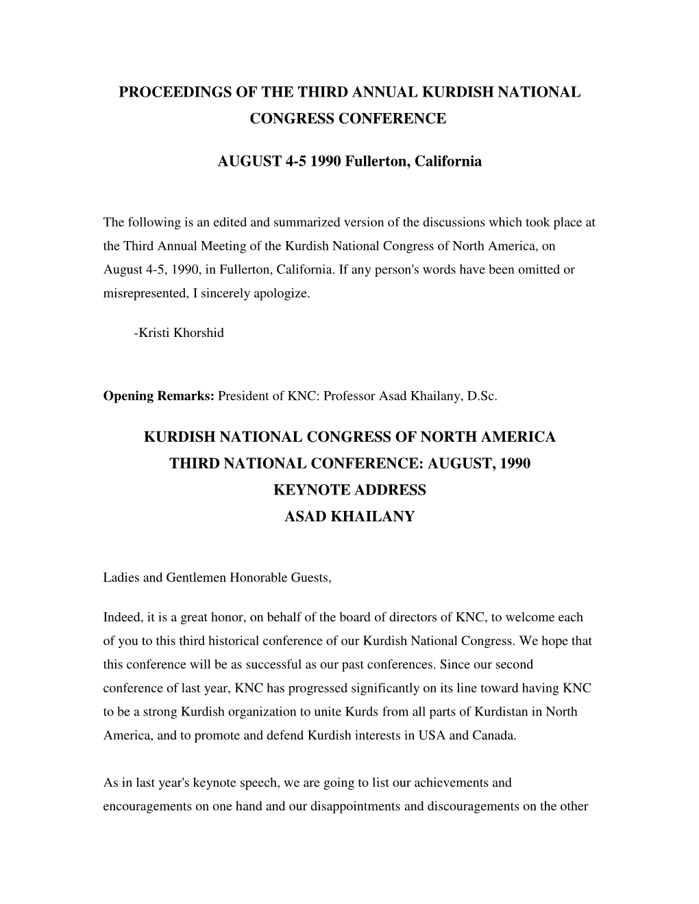 Proceedings of the Third Annual Kurdish National Congress Conference