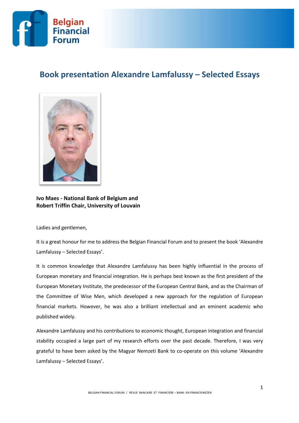 Book Presentation Alexandre Lamfalussy – Selected Essays