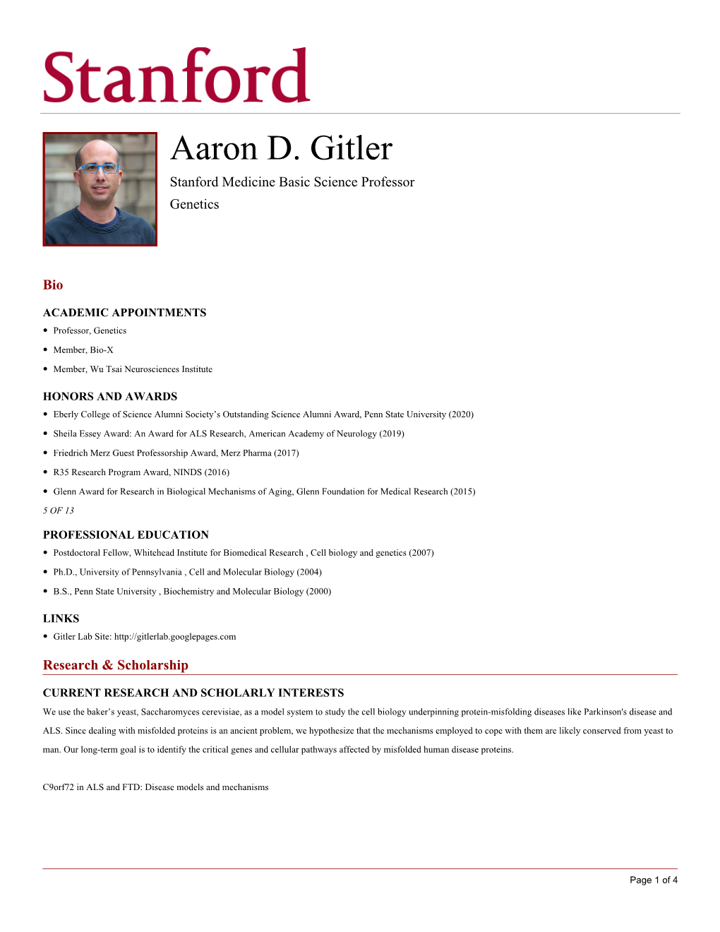 Aaron D. Gitler Stanford Medicine Basic Science Professor Genetics