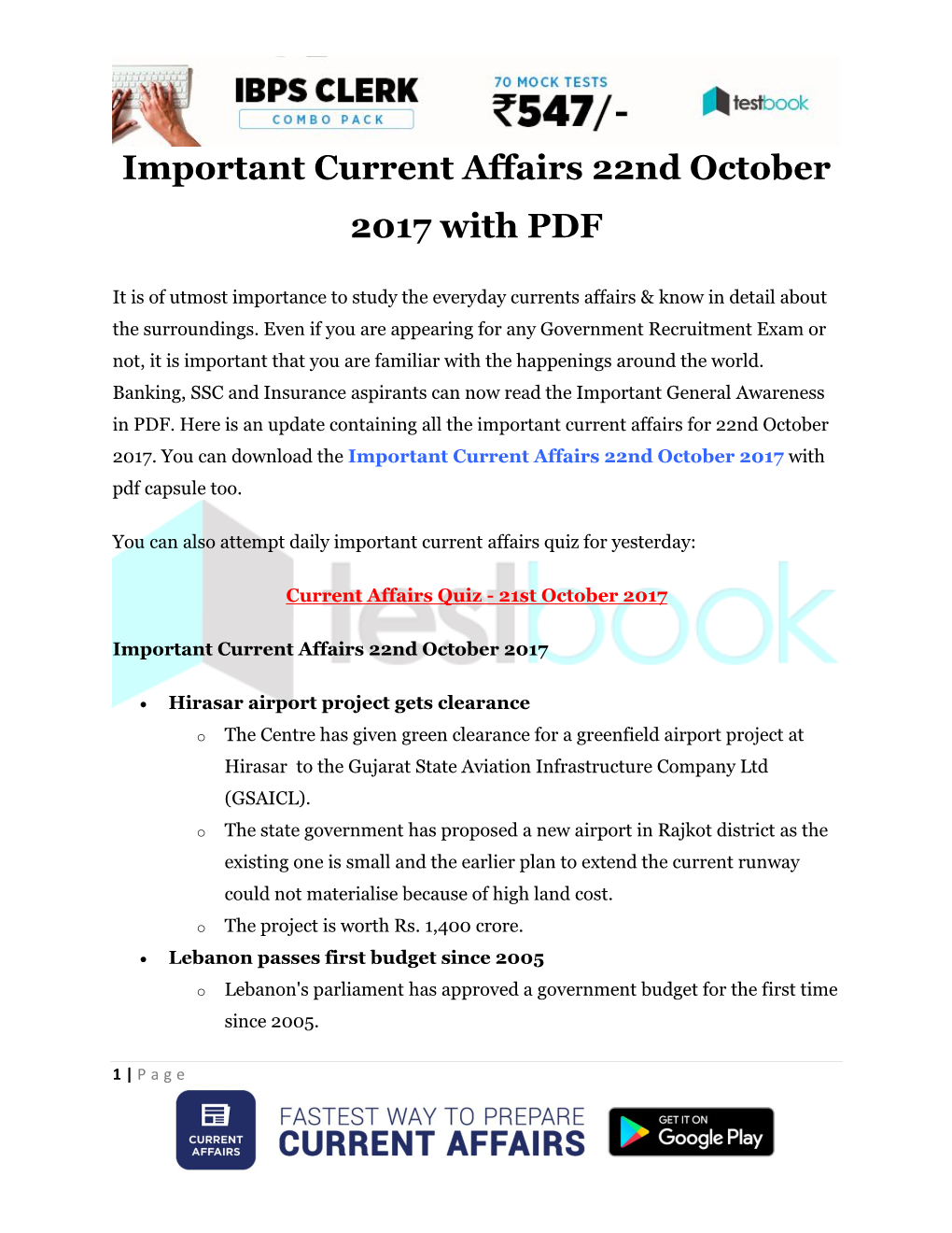 Important Current Affairs 22Nd October 2017 with PDF