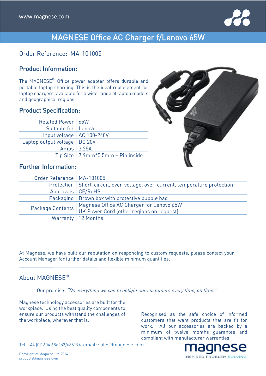 MAGNESE Office AC Charger F/Lenovo 65W MAGNESE Brick