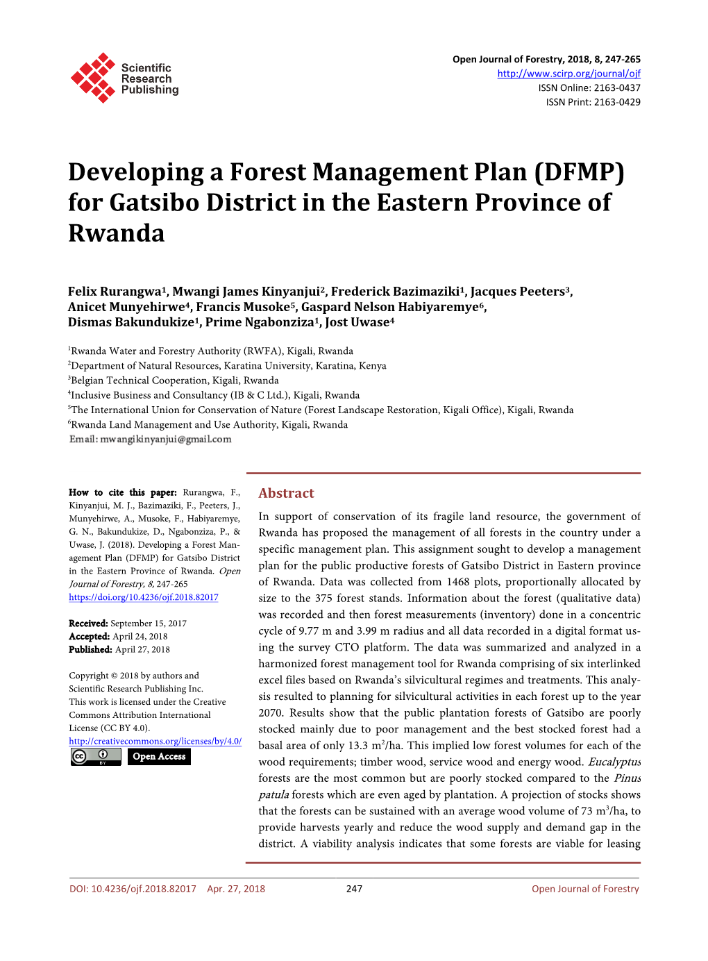 Developing a Forest Management Plan (DFMP) for Gatsibo District in the Eastern Province of Rwanda