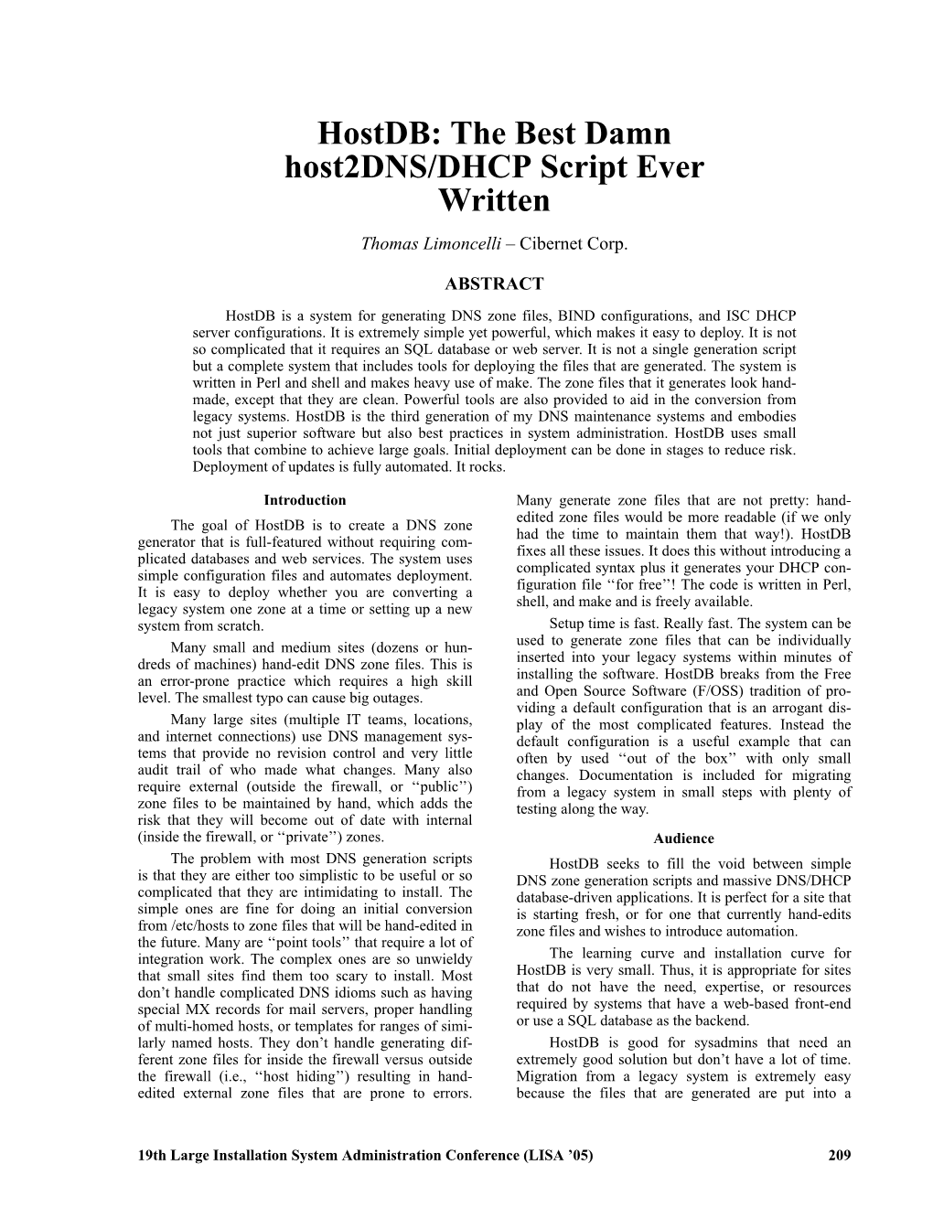 Hostdb: the Best Damn Host2dns/DHCP Script Ever Written Thomas Limoncelli – Cibernet Corp