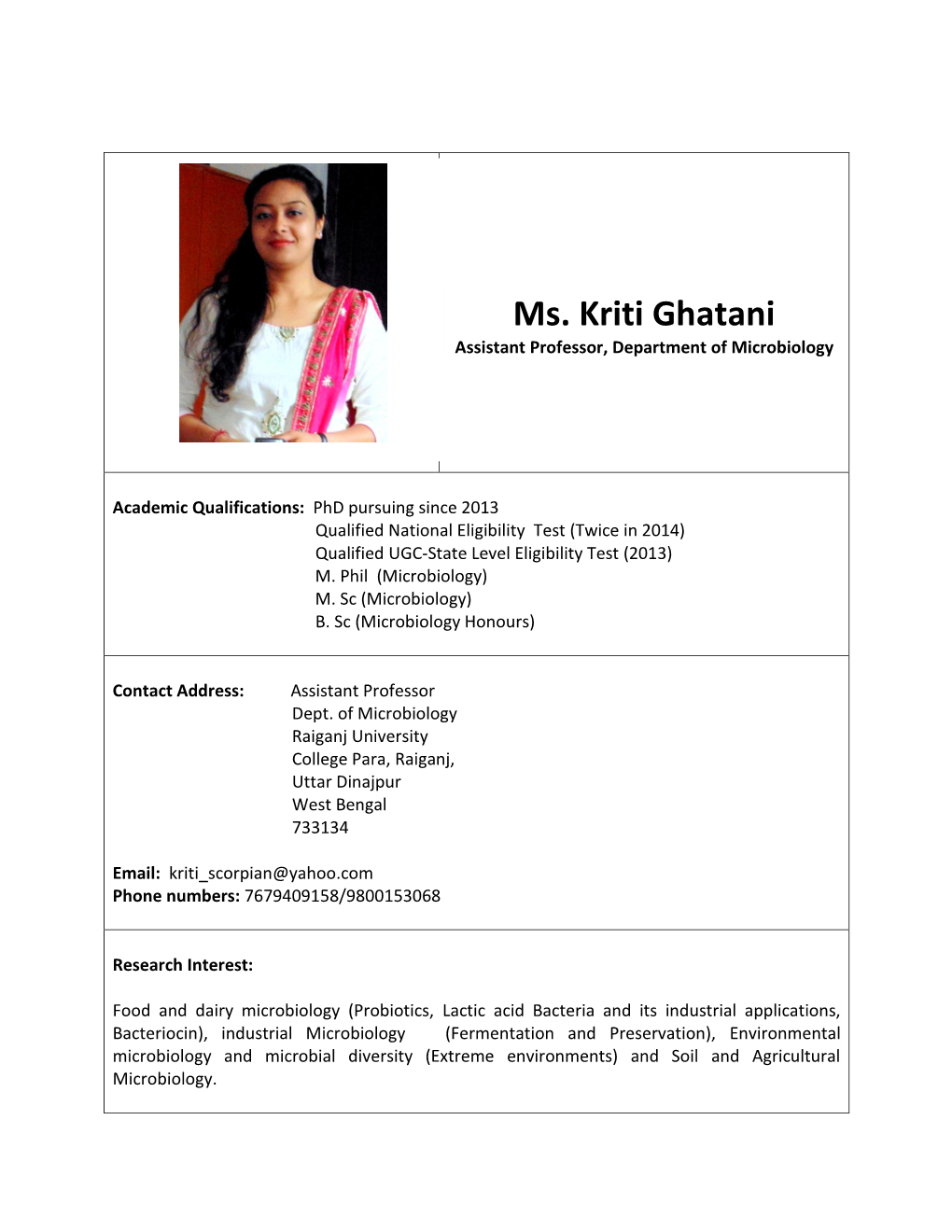 Ms. Kriti Ghatani Assistant Professor, Department of Microbiology