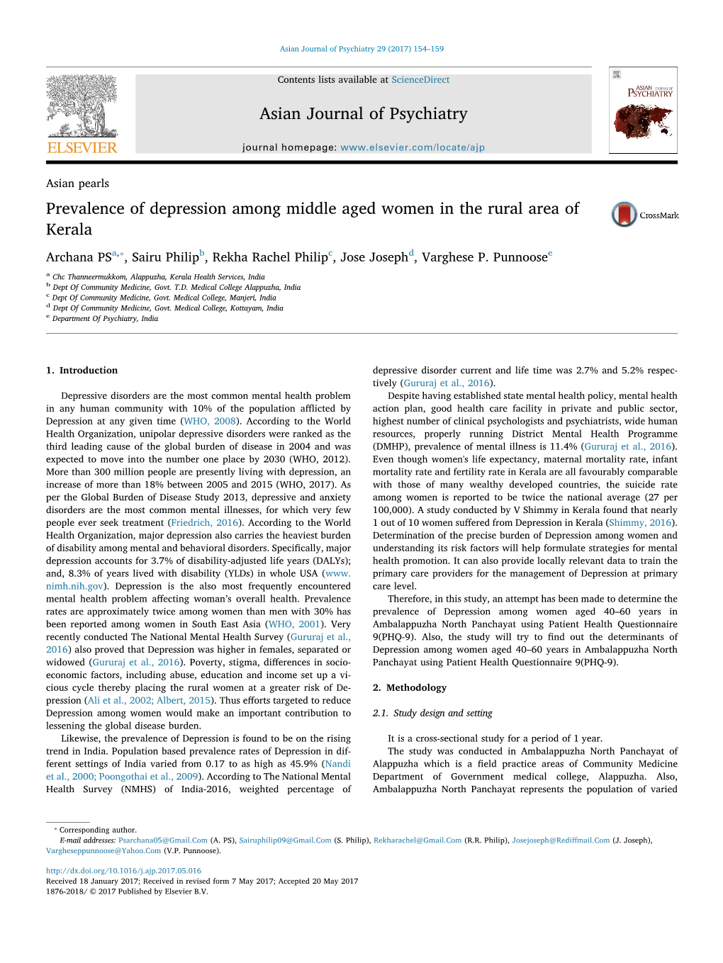 Prevalence of Depression Among Middle Aged Women in the Rural Area of MARK Kerala ⁎ Archana Psa, , Sairu Philipb, Rekha Rachel Philipc, Jose Josephd, Varghese P