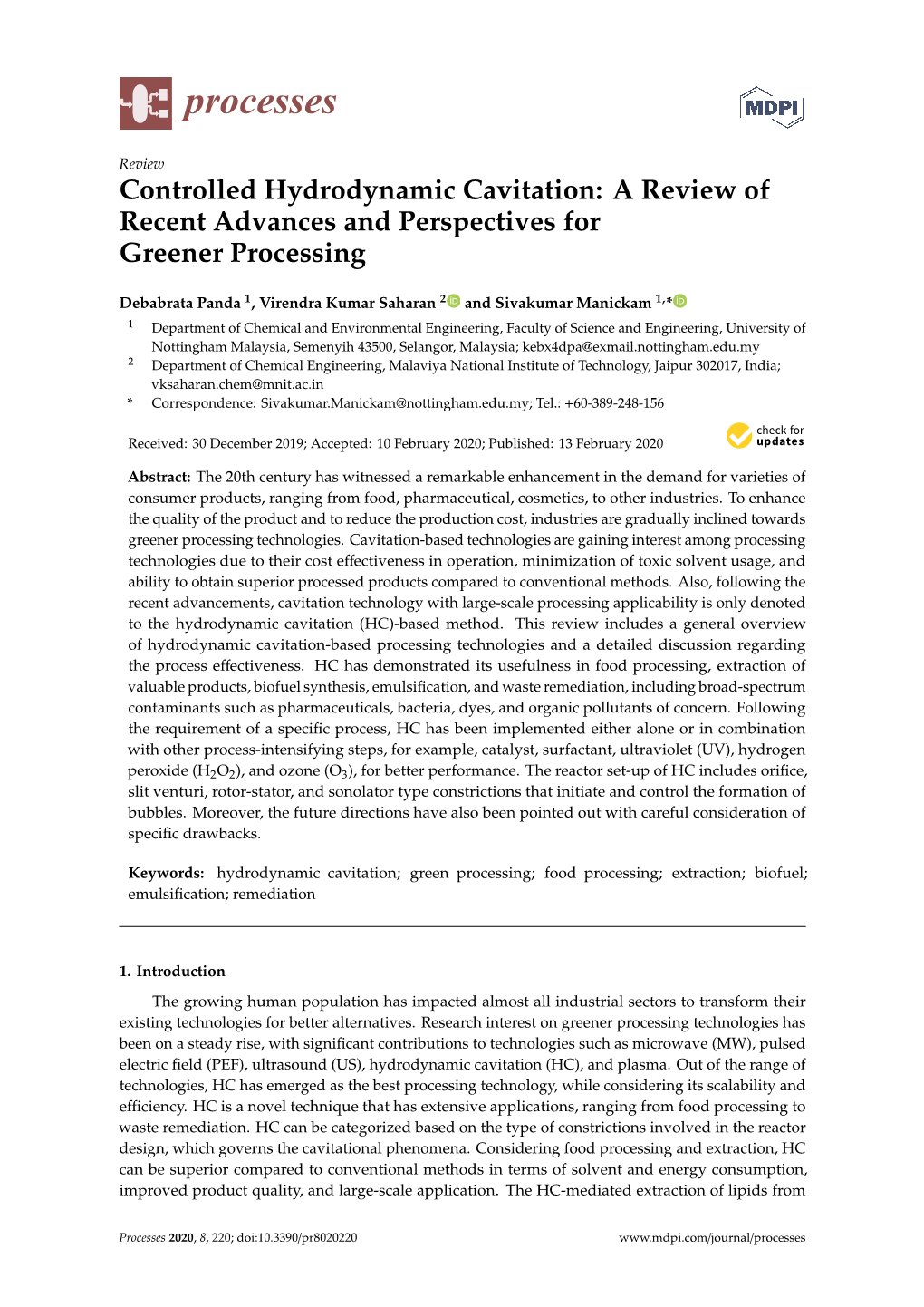 Controlled Hydrodynamic Cavitation: a Review of Recent Advances and Perspectives for Greener Processing