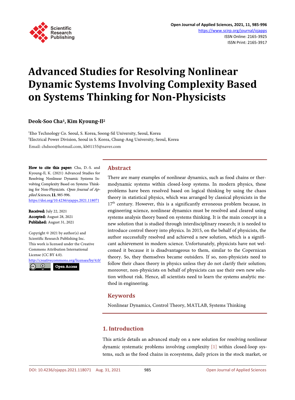 Advanced Studies for Resolving Nonlinear Dynamic Systems Involving Complexity Based on Systems Thinking for Non-Physicists