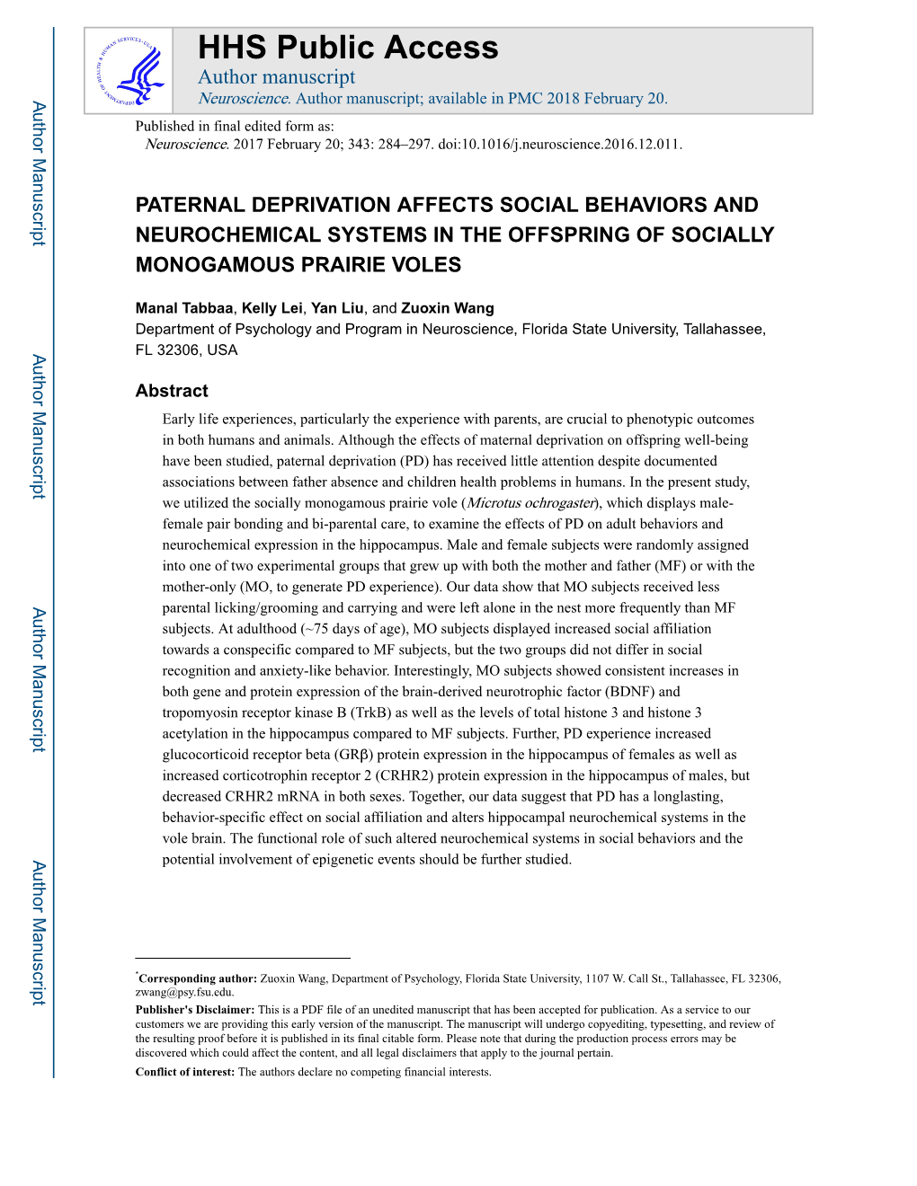 Paternal Deprivation Affects Social Behaviors and Neurochemical Systems in the Offspring of Socially Monogamous Prairie Voles