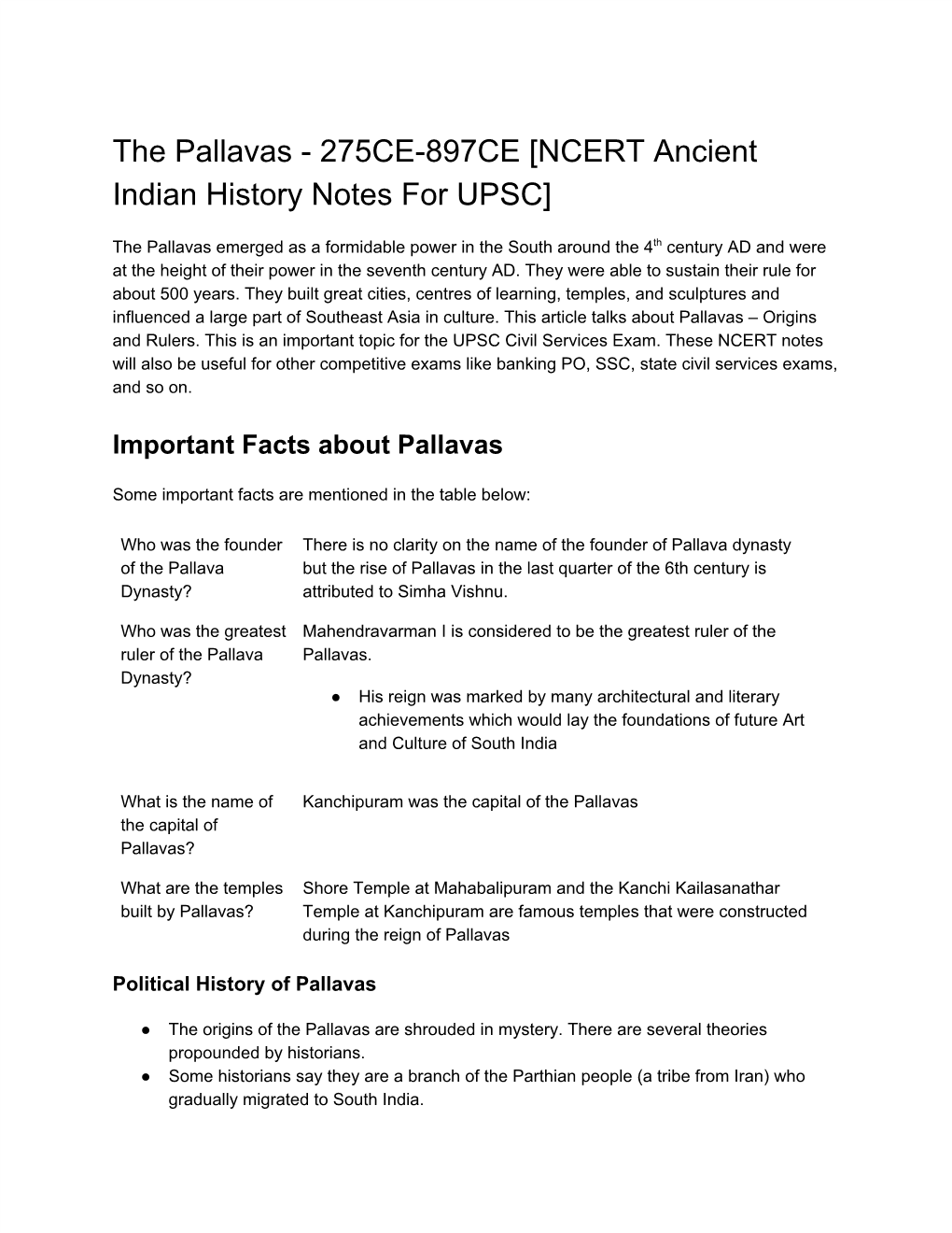 The Pallavas - 275CE-897CE [NCERT Ancient Indian History Notes for UPSC]
