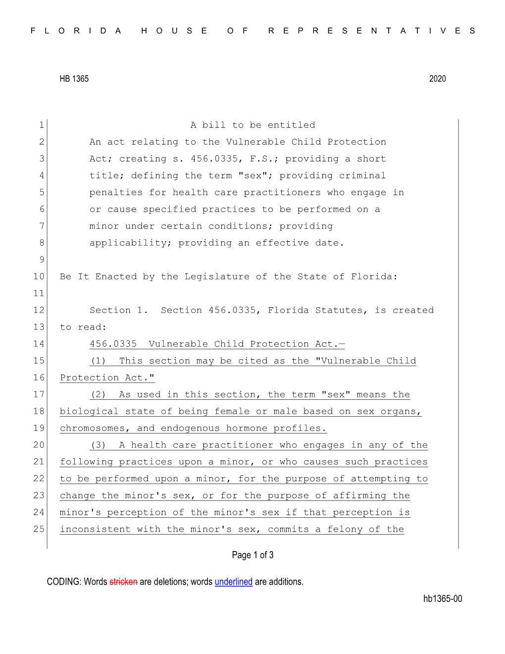 Words Underlined Are Additions. Hb1365-00 Page 1 of 3 a Bill to Be