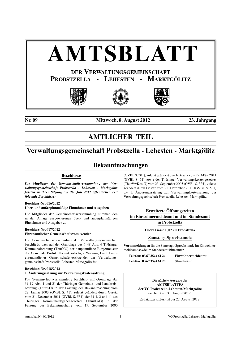 Amtsblatt Der Verwaltungsgemeinschaft Probstzella -Lehesten -Marktgölitz