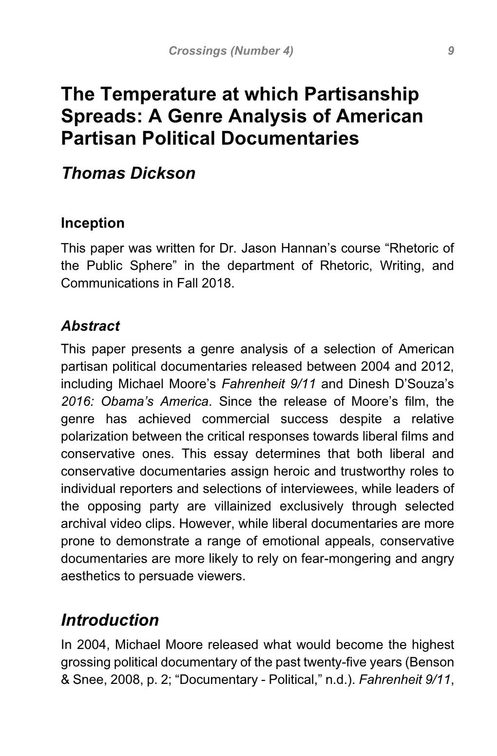 A Genre Analysis of American Partisan Political Documentaries Thomas Dickson