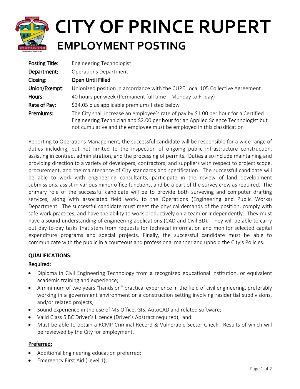 City of Prince Rupert Employment Posting