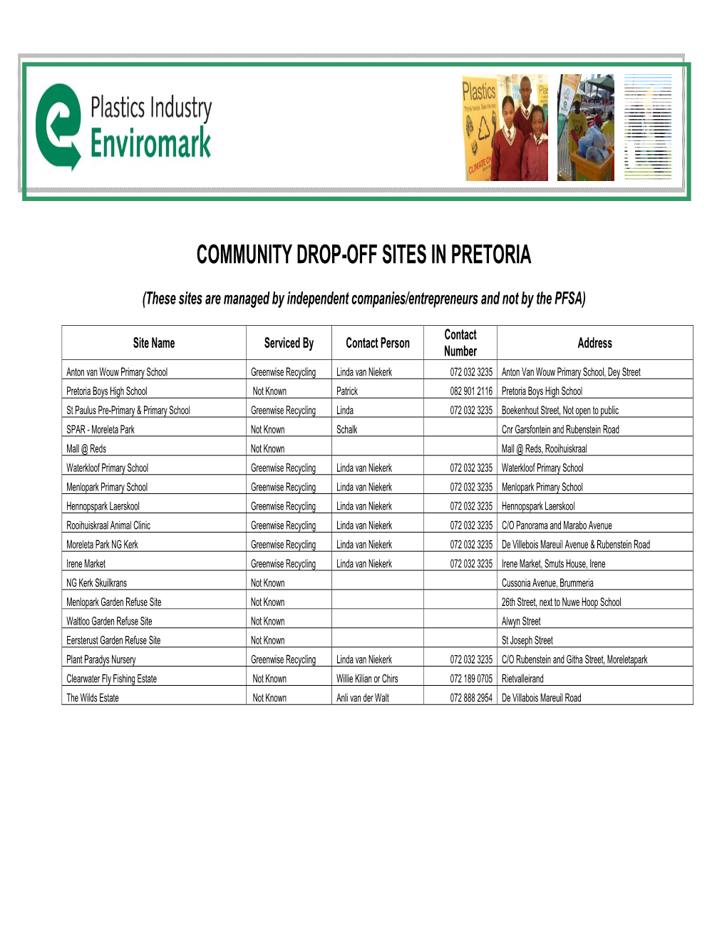 Community Drop-Off Sites in Pretoria