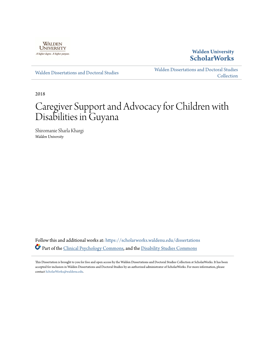 Caregiver Support and Advocacy for Children with Disabilities in Guyana Shiromanie Sharla Khargi Walden University