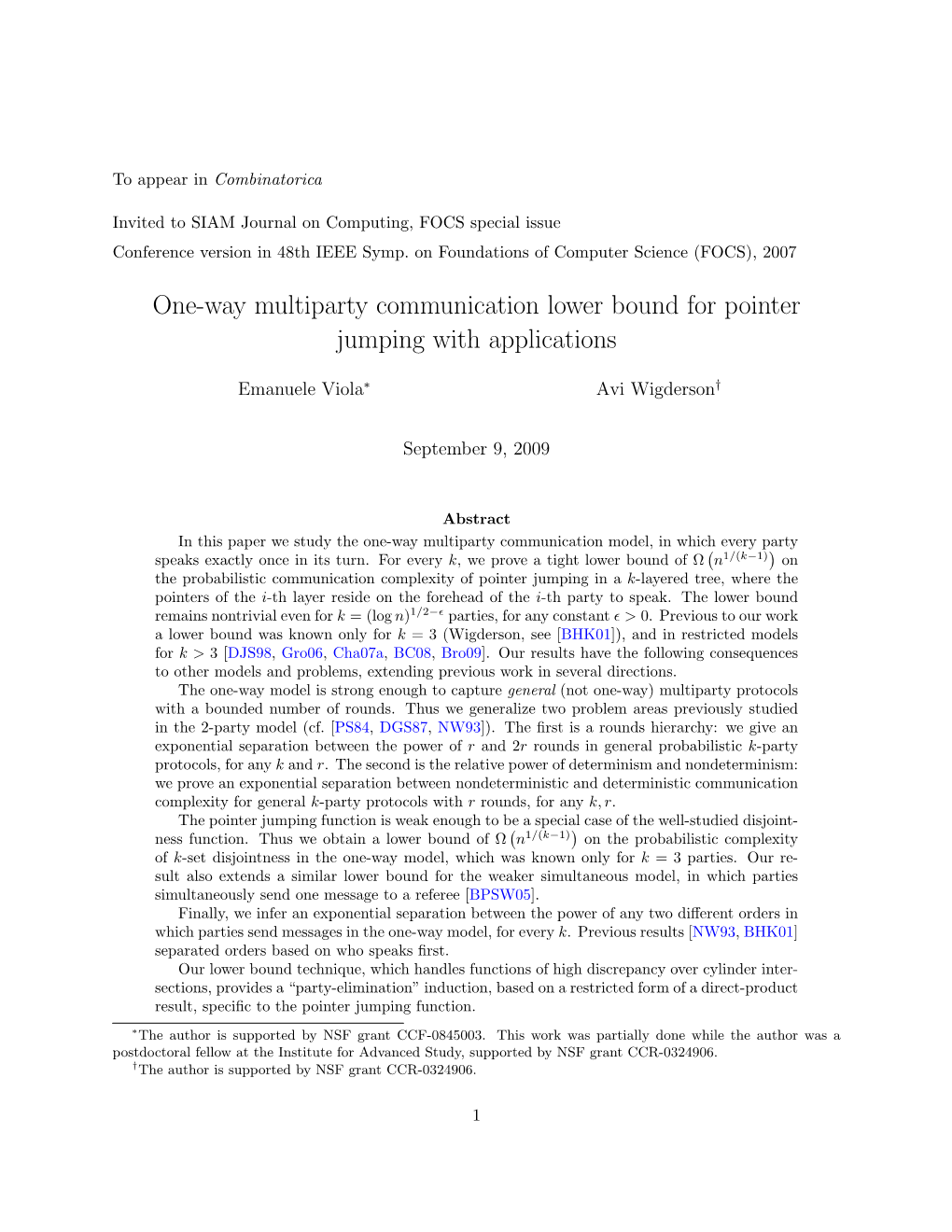 One-Way Multiparty Communication Lower Bound for Pointer Jumping with Applications