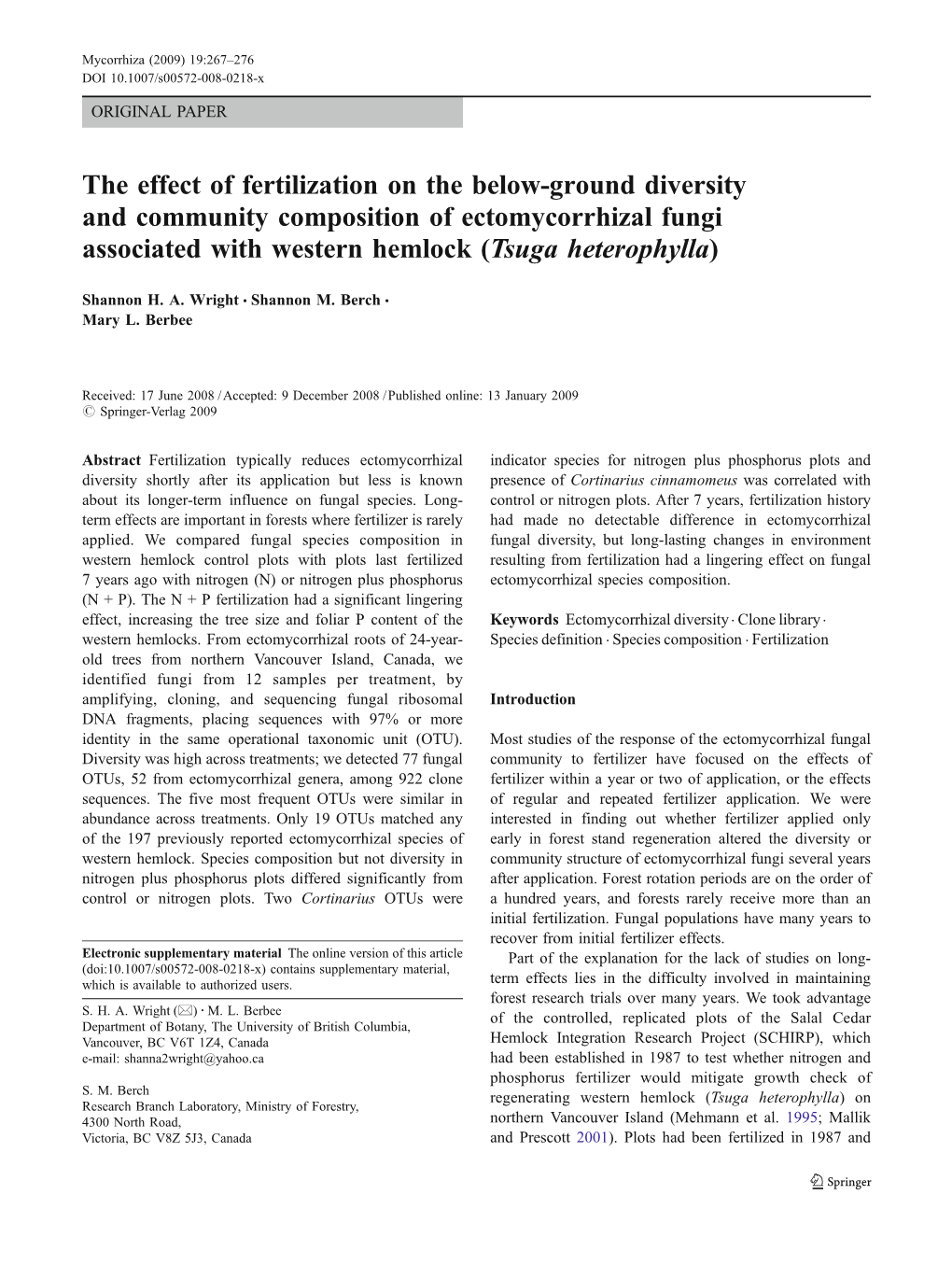 The Effect of Fertilization on the Below-Ground Diversity and Community Composition of Ectomycorrhizal Fungi Associated with Western Hemlock (Tsuga Heterophylla)