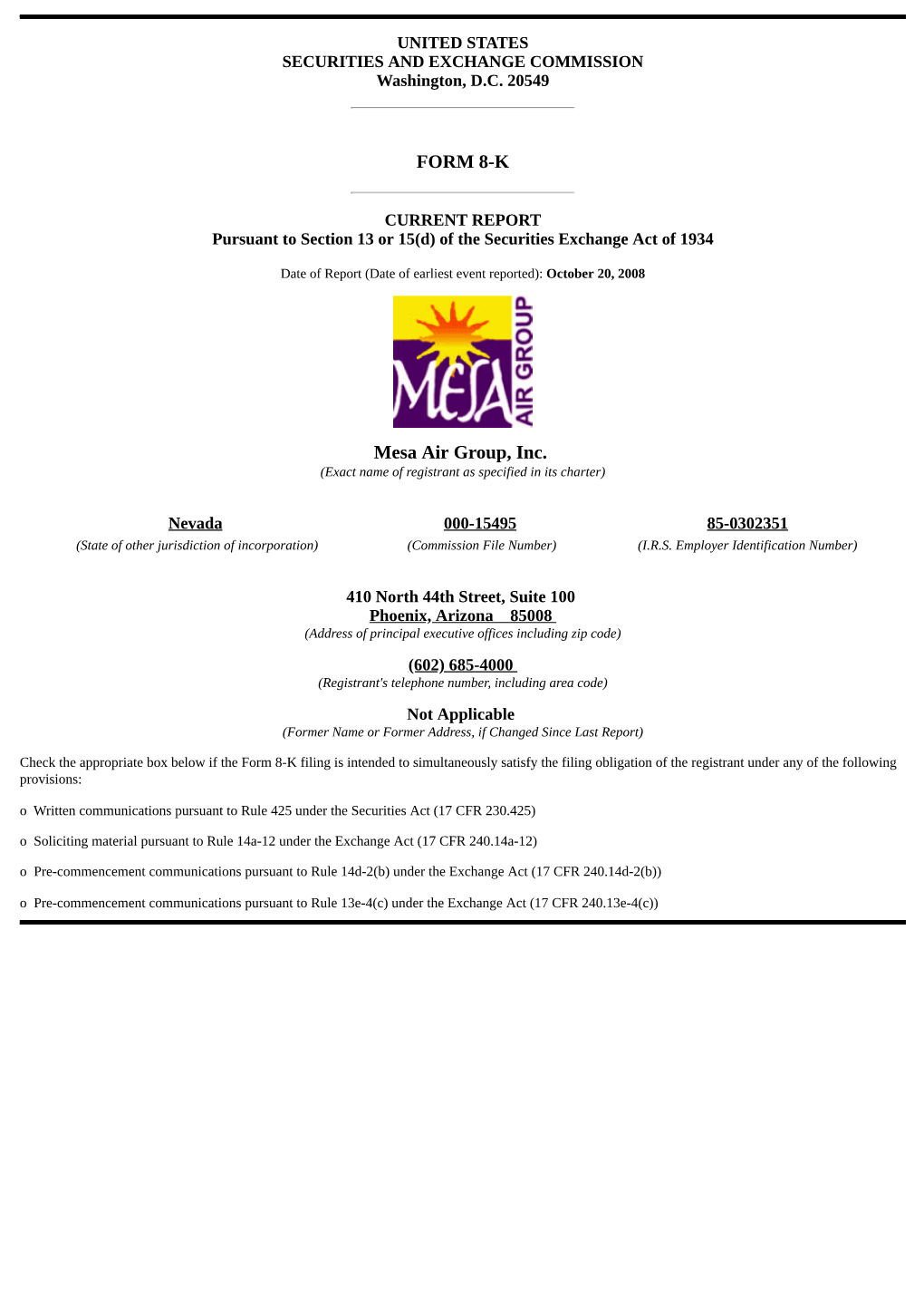 FORM 8-K Mesa Air Group, Inc