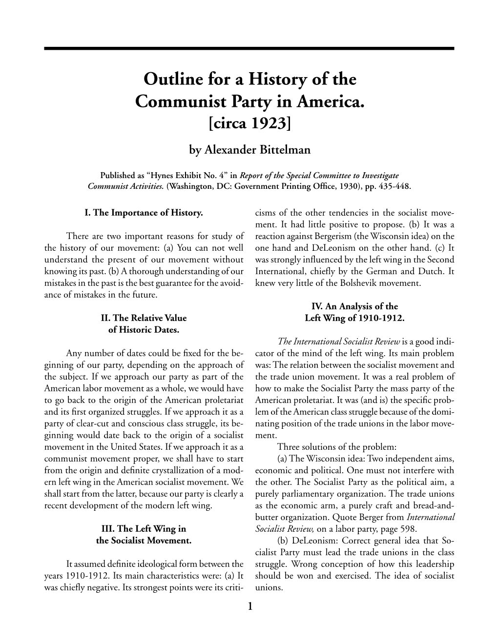 Outline for a History of the Communist Party in America. [Circa 1923] by Alexander Bittelman