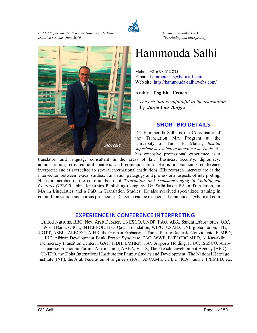 Hammouda Salhi, Phd Detailed Resume: June 2016 Translating and Interpreting