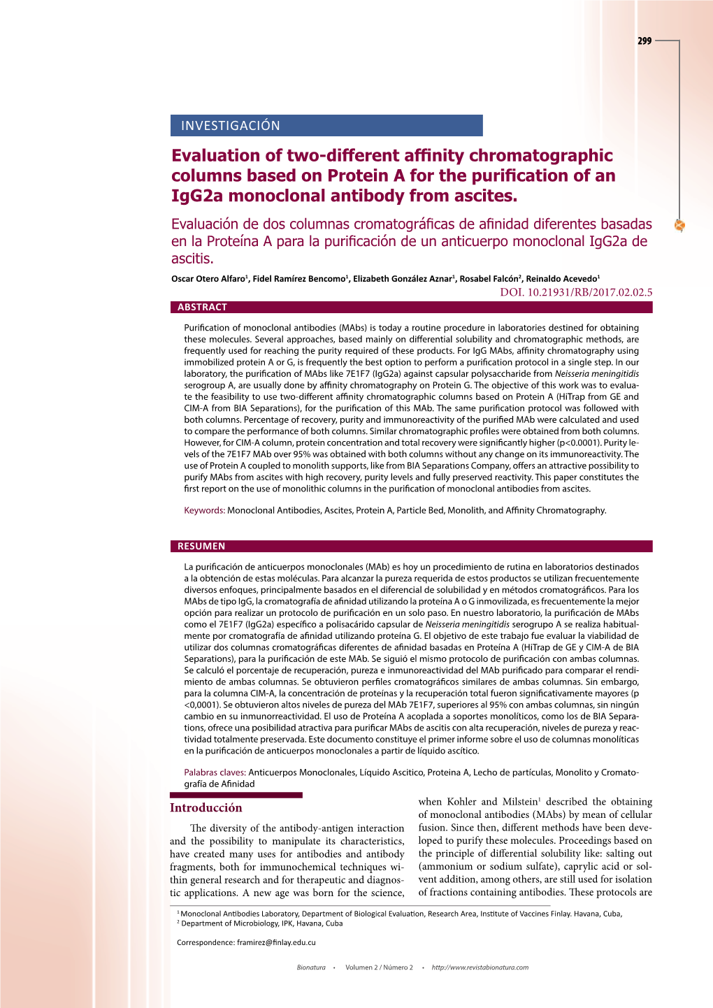 Evaluation of Two-Different Affinity Chromatographic Columns Based on Protein a for the Purification of an Igg2a Monoclonal Antibody from Ascites