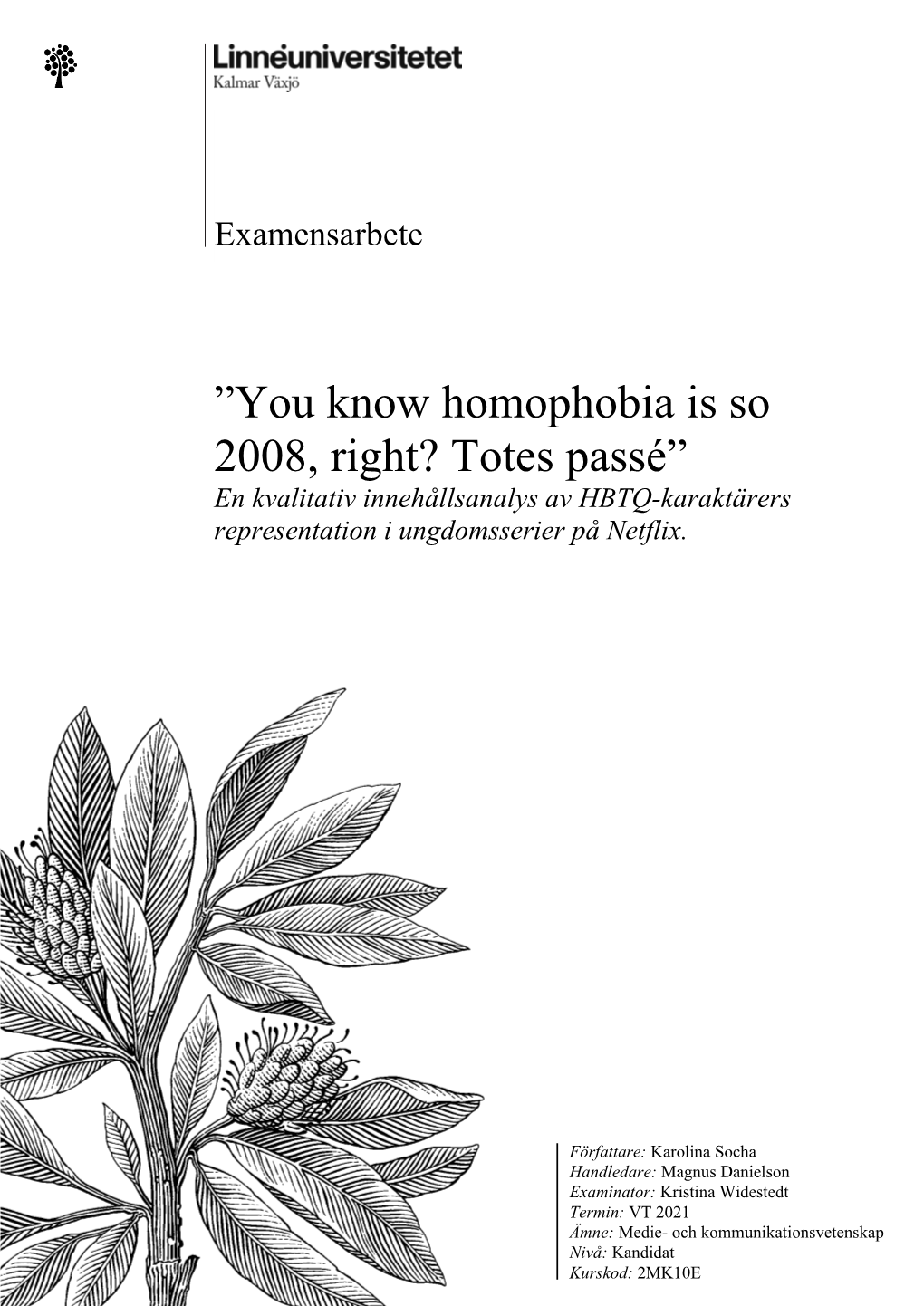 You Know Homophobia Is So 2008, Right? Totes Passé” En Kvalitativ Innehållsanalys Av HBTQ-Karaktärers Representation I Ungdomsserier På Netflix