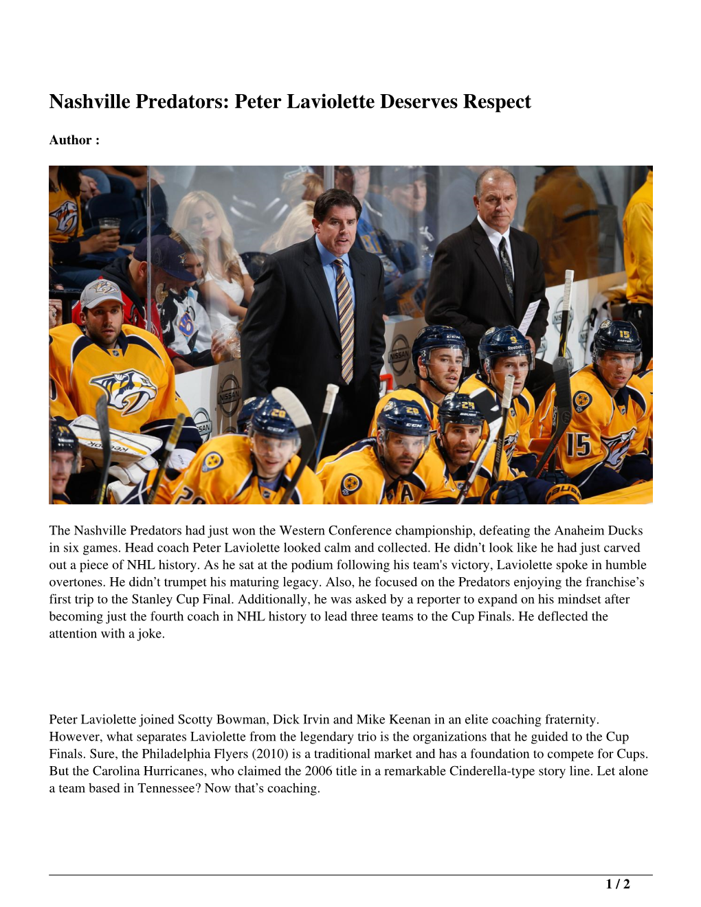 Nashville Predators: Peter Laviolette Deserves Respect