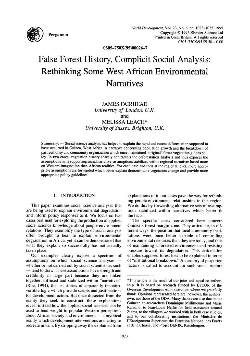 False Forest History, Complicit Social Analysis: Rethinking Some West African Environmental Narratives