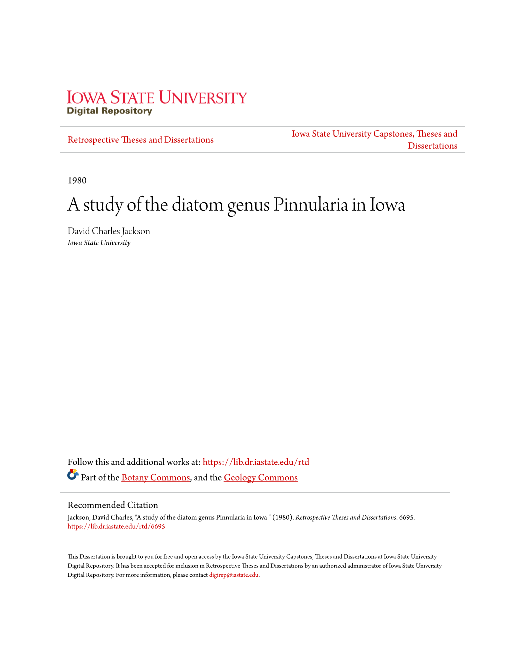 A Study of the Diatom Genus Pinnularia in Iowa David Charles Jackson Iowa State University