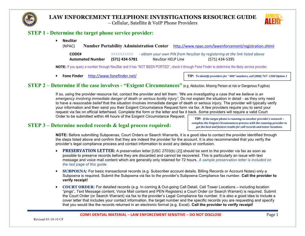 Law Enforcement Telephone Investigations Resource Guide Step 1