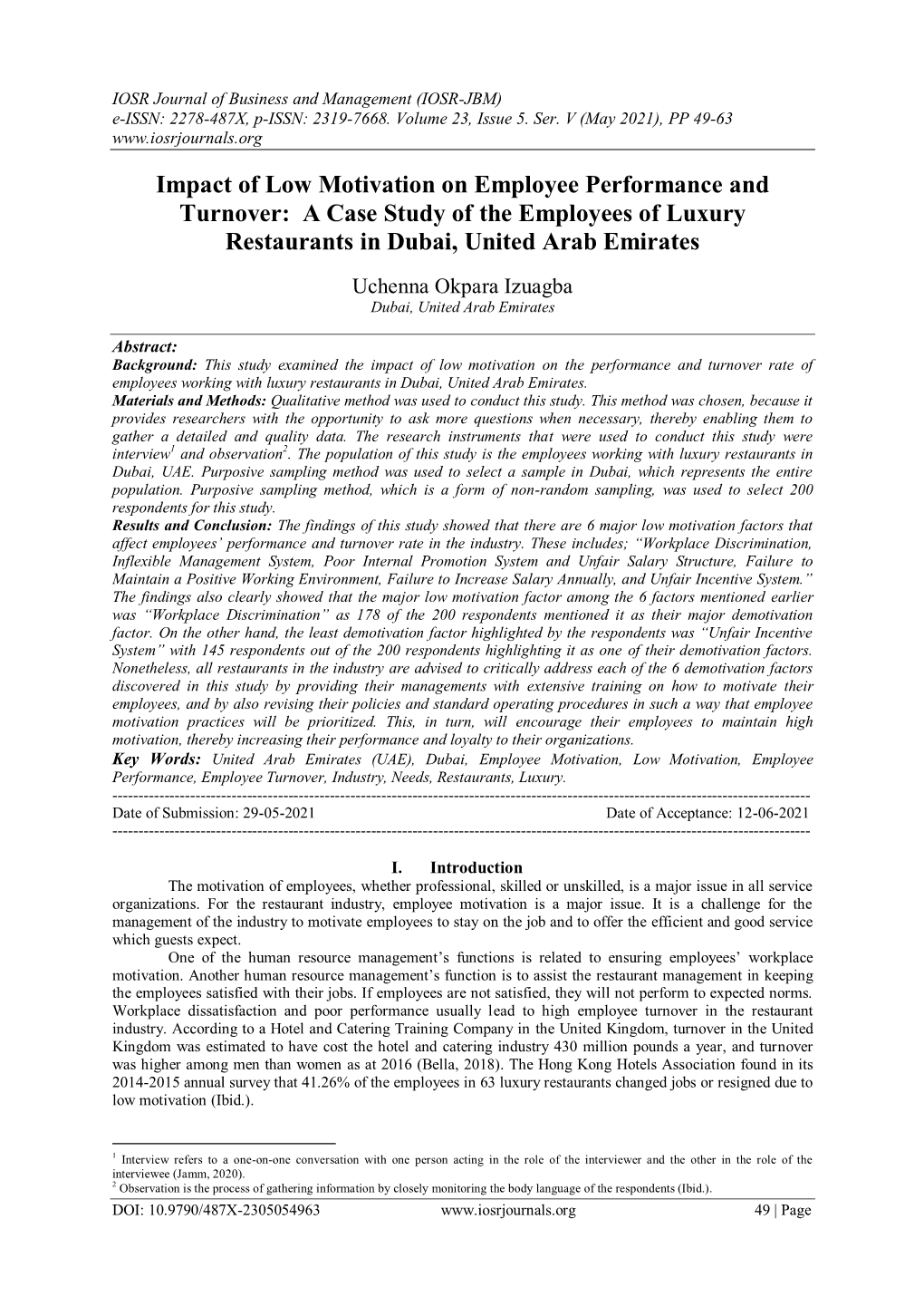 Impact of Low Motivation on Employee Performance and Turnover: a Case Study of the Employees of Luxury Restaurants in Dubai, United Arab Emirates