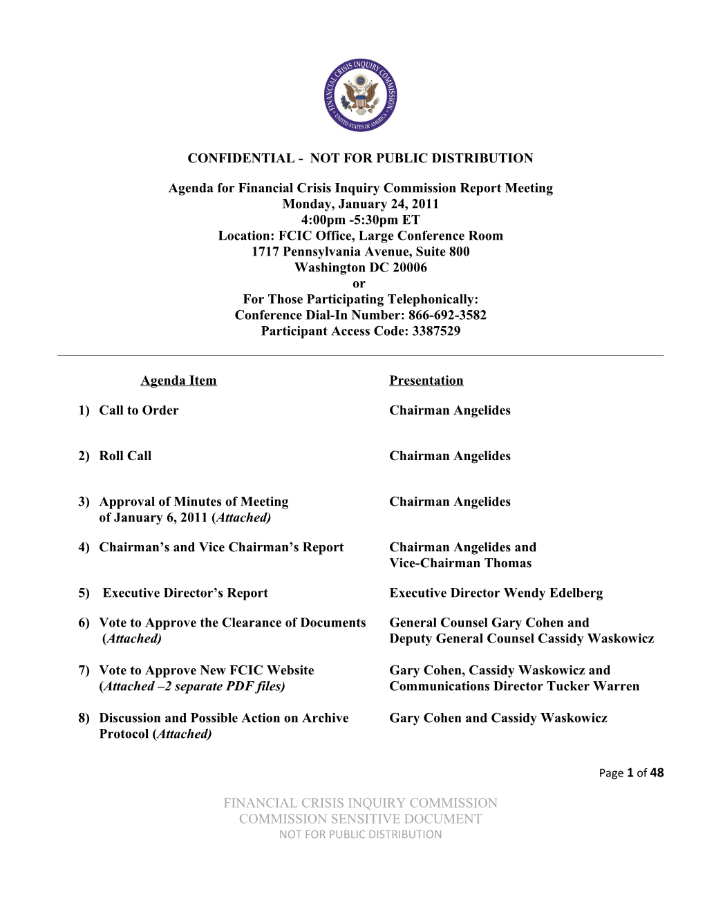 Agenda for Financial Crisis Inquiry Commission Report Meeting