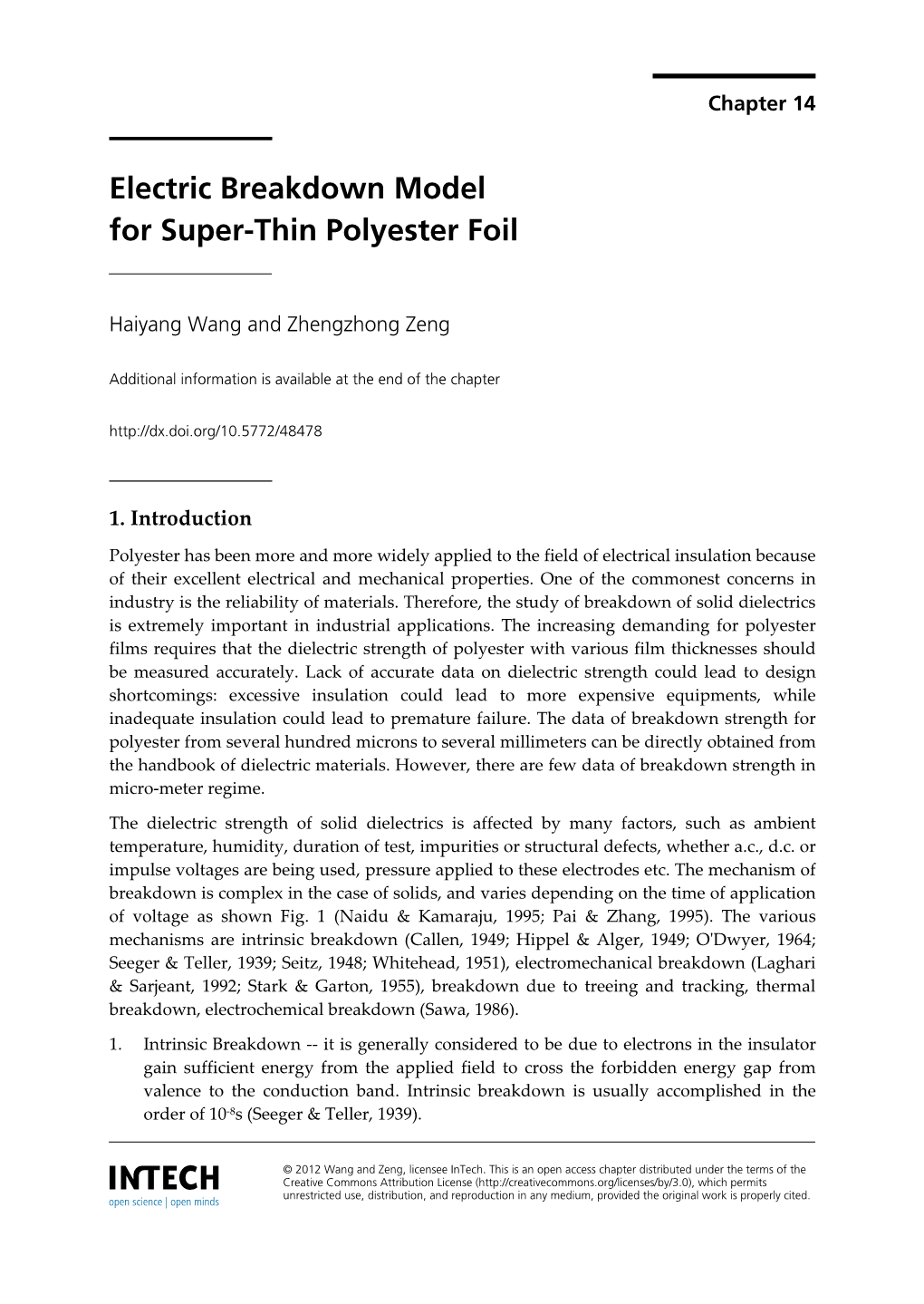 Electric Breakdown Model for Super-Thin Polyester Foil