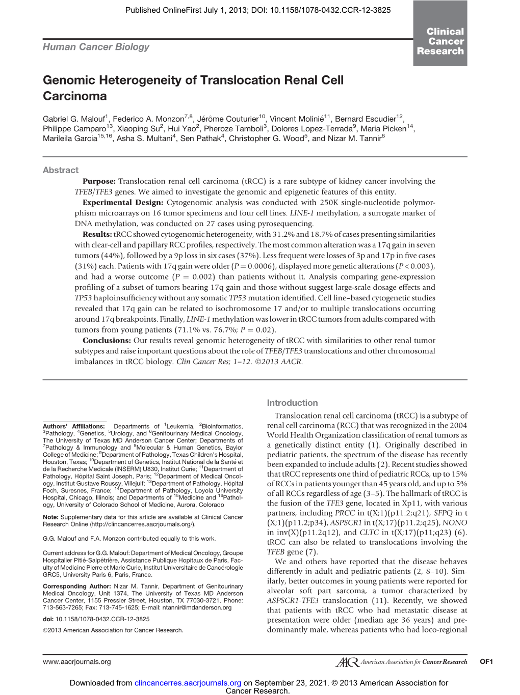 Genomic Heterogeneity of Translocation Renal Cell Carcinoma