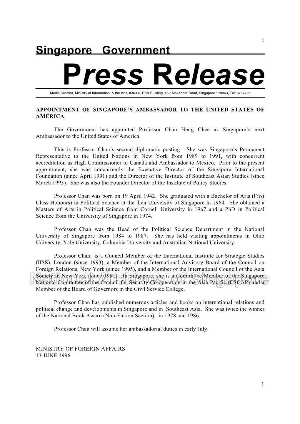 Singapore Government Press Release Media Division, Ministry of Information & the Arts, #36-00, PSA Building, 460 Alexandra Road, Singapore 119963, Tel: 3757795