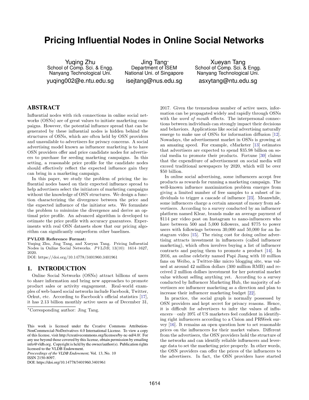 Pricing Influential Nodes in Online Social Networks