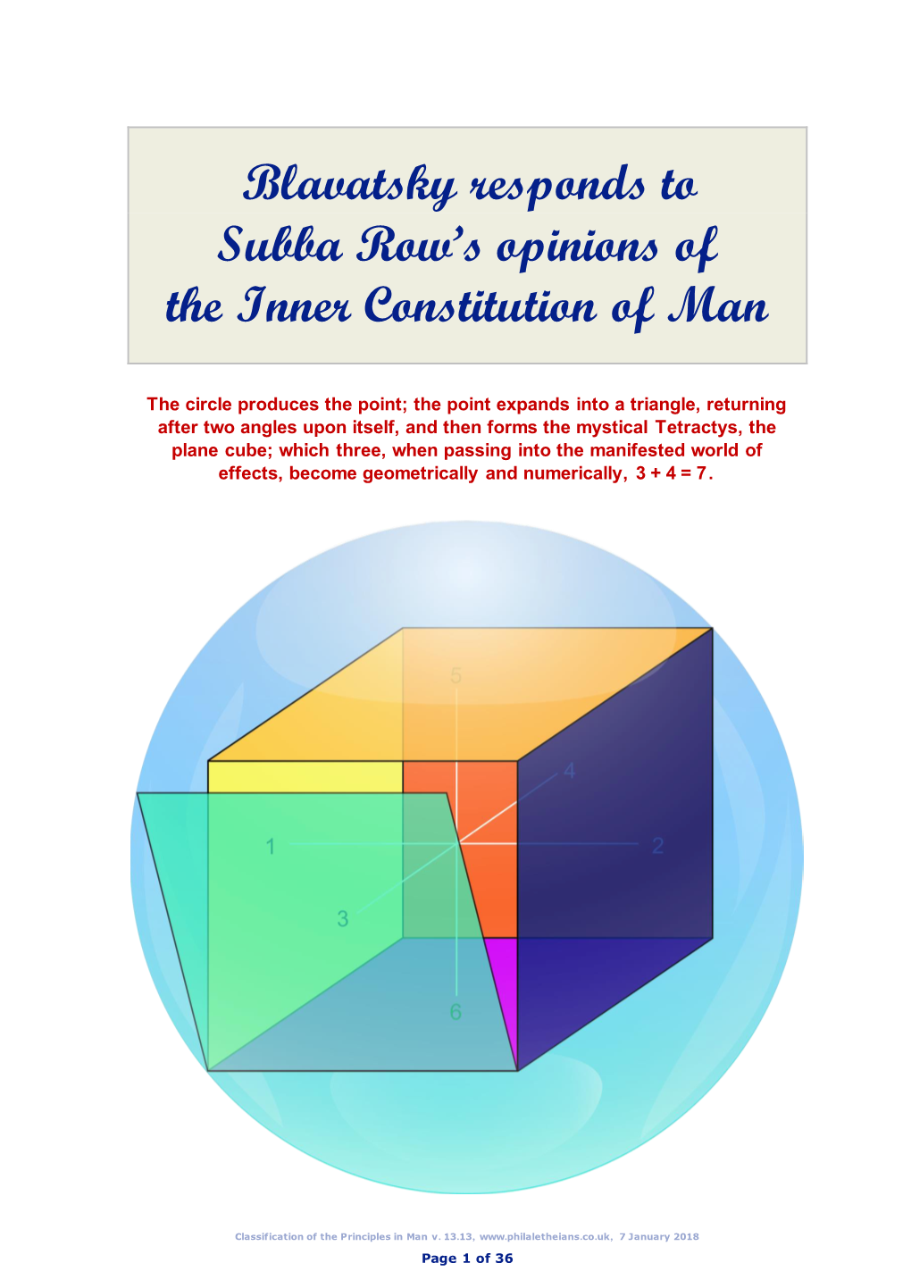 Blavatsky Responds to Subba Row's Opinions of the Inner Constitution Of