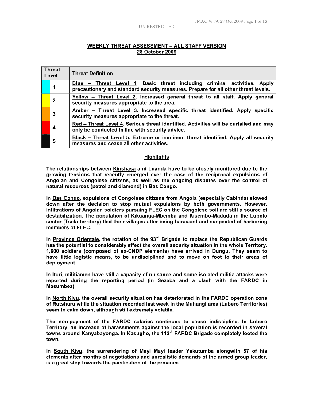 WEEKLY THREAT ASSESSMENT – ALL STAFF VERSION 28 October 2009 Threat Level Threat Definition 1 Blue – Threat Level 1. Basic