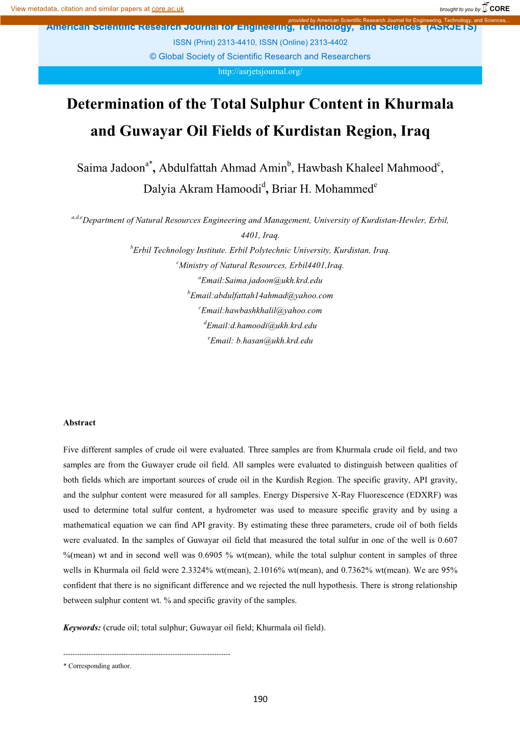 Determination of the Total Sulphur Content in Khurmala and Guwayar Oil Fields of Kurdistan Region, Iraq