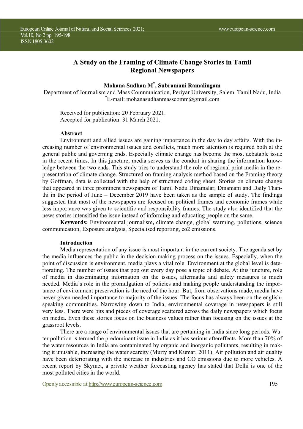 A Study on the Framing of Climate Change Stories in Tamil Regional Newspapers