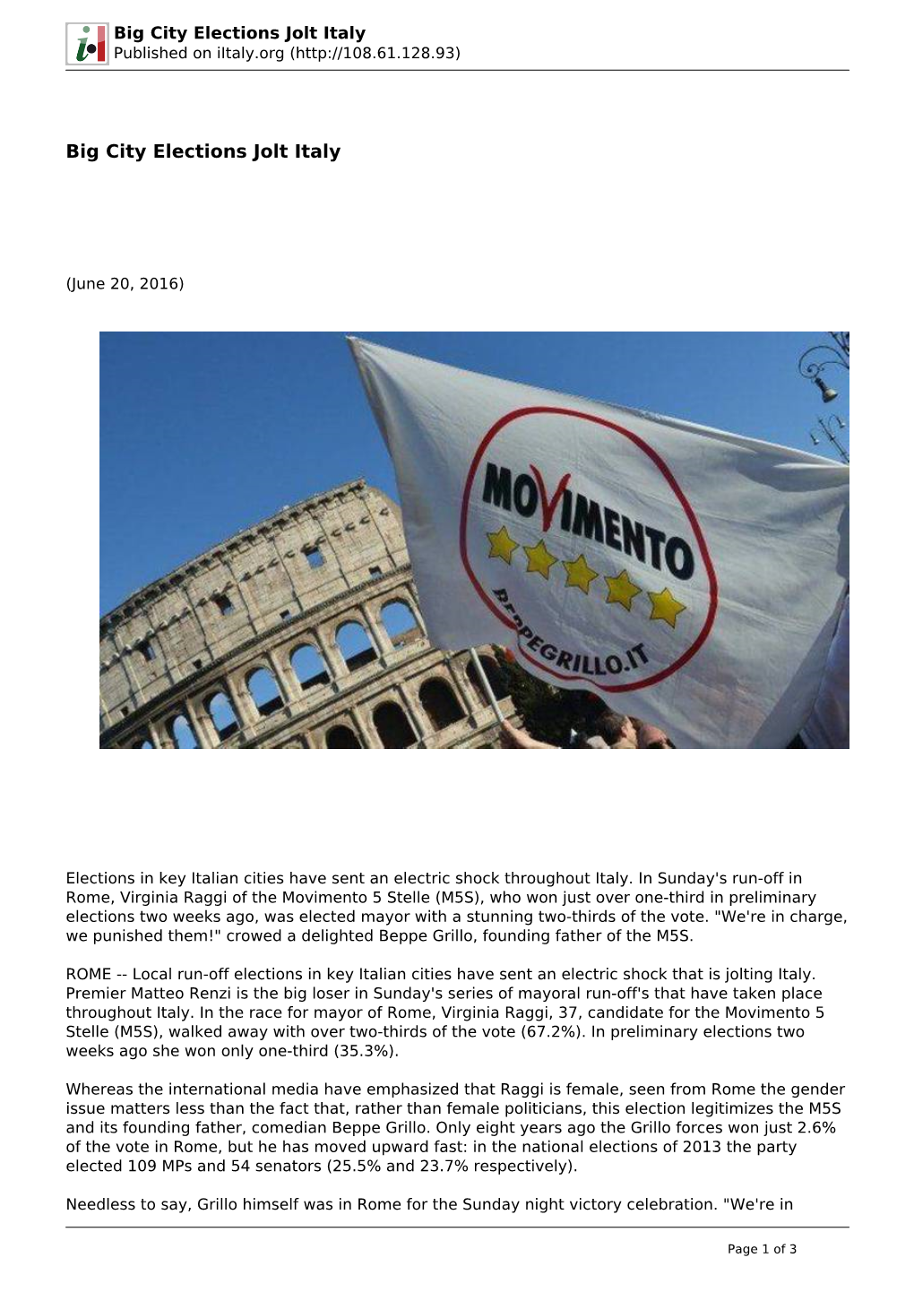 Big City Elections Jolt Italy Published on Iitaly.Org (