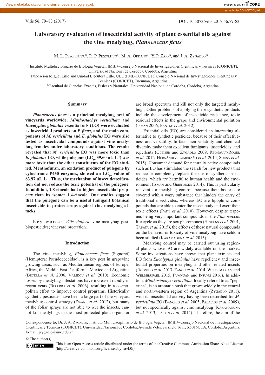 Laboratory Evaluation of Insecticidal Activity of Plant Essential Oils Against the Vine Mealybug, Planococcus Ficus