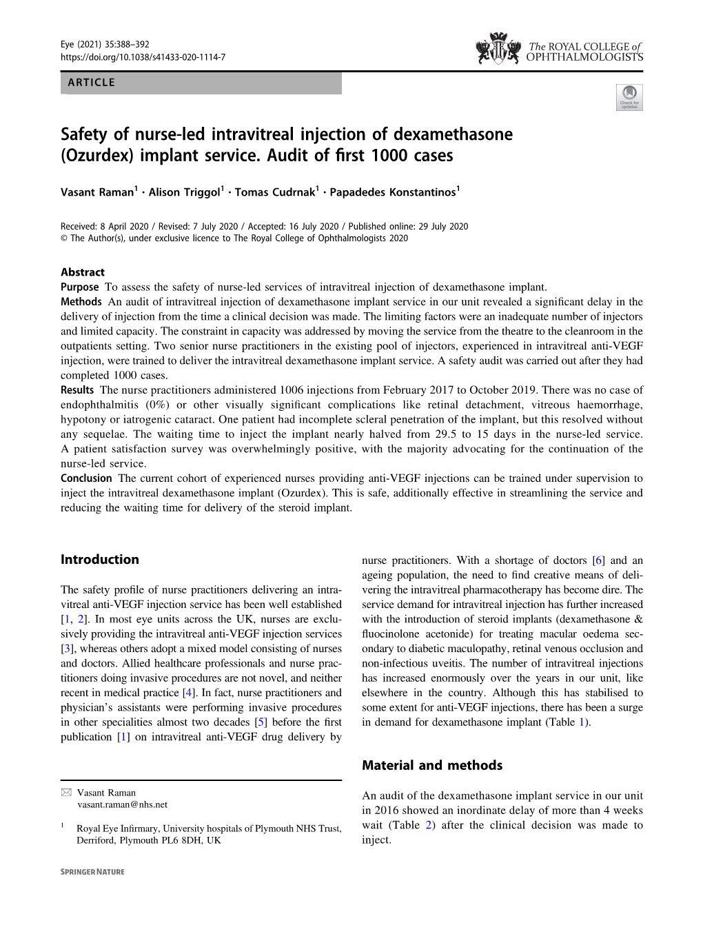 Safety of Nurse-Led Intravitreal Injection of Dexamethasone (Ozurdex) Implant Service