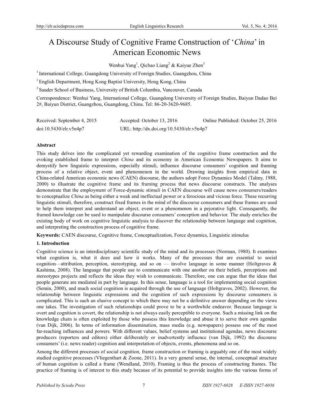 A Discourse Study of Cognitive Frame Construction of ‘China’ in American Economic News
