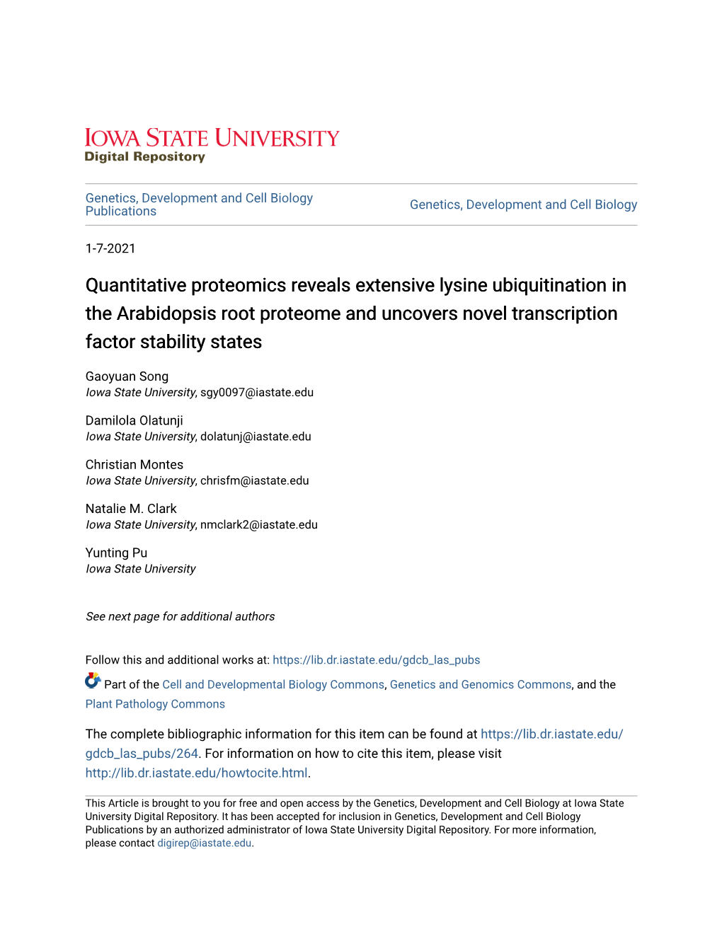 Quantitative Proteomics Reveals Extensive Lysine Ubiquitination in the Arabidopsis Root Proteome and Uncovers Novel Transcription Factor Stability States